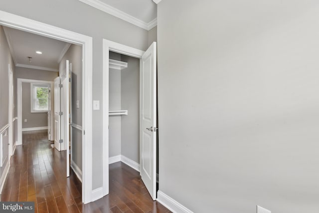 1208 Shepherd St NW, Washington, DC 20011 - hall featuring ornamental molding, dark wood-style flooring, baseboards, and recessed lighting