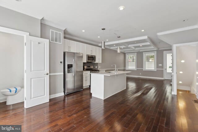 1208 Shepherd St NW, Washington, DC 20011 - kitchen featuring appliances with stainless steel finishes, a sink, a center island with sink, open floor plan, and backsplash