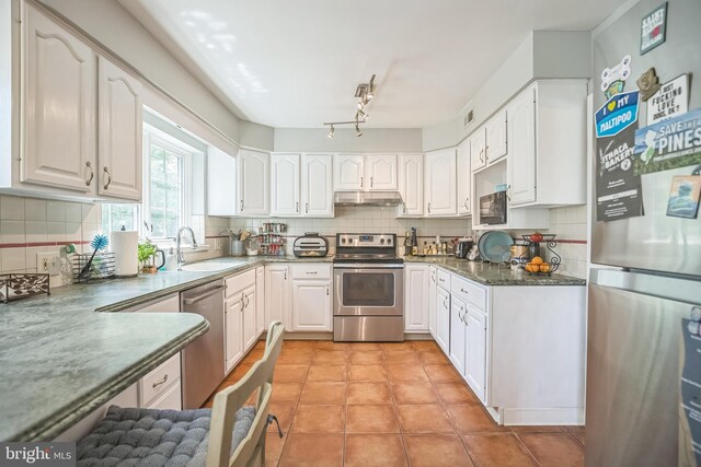 kitchen featuring appliances with stainless steel finishes, a sink, tasteful backsplash, and white cabinets