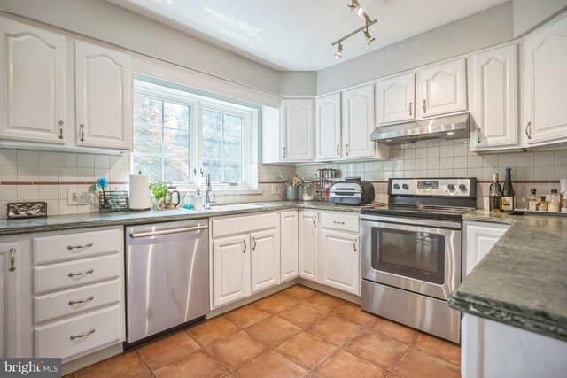 kitchen with appliances with stainless steel finishes, under cabinet range hood, a sink, tasteful backsplash, and white cabinetry