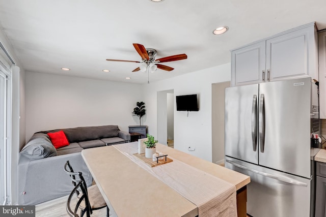 384 Bolton Rd, East Windsor, NJ 08520 - kitchen featuring freestanding refrigerator, a ceiling fan, recessed lighting, light countertops, and open floor plan