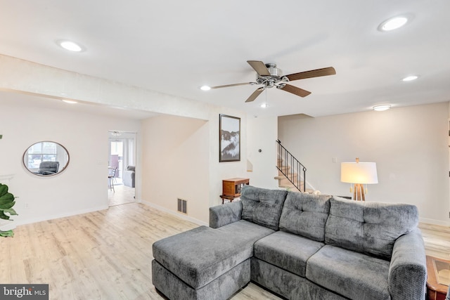 384 Bolton Rd, East Windsor, NJ 08520 - living area with recessed lighting, a ceiling fan, stairway, light wood finished floors, and baseboards