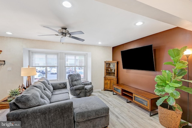384 Bolton Rd, East Windsor, NJ 08520 - living room with light wood-style floors, a ceiling fan, recessed lighting, and baseboards