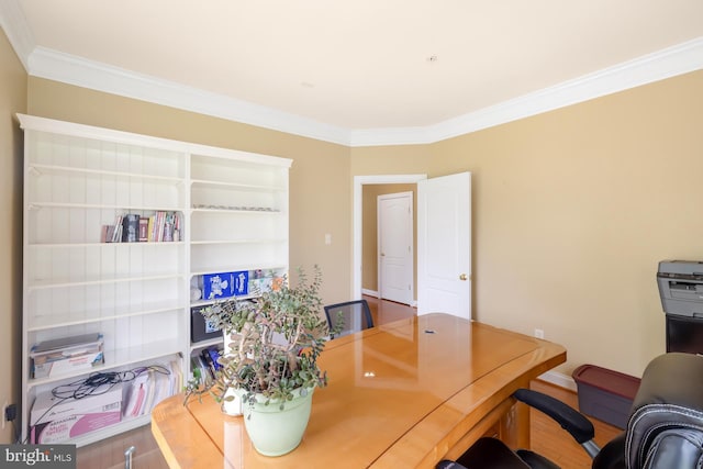 home office with ornamental molding