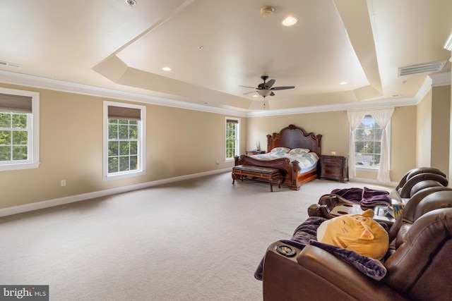 bedroom featuring a raised ceiling, crown molding, carpet flooring, baseboards, and recessed lighting