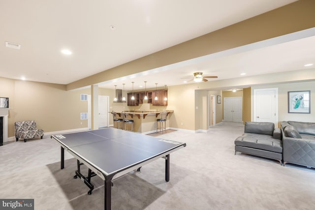 playroom with light colored carpet, recessed lighting, baseboards, and ceiling fan