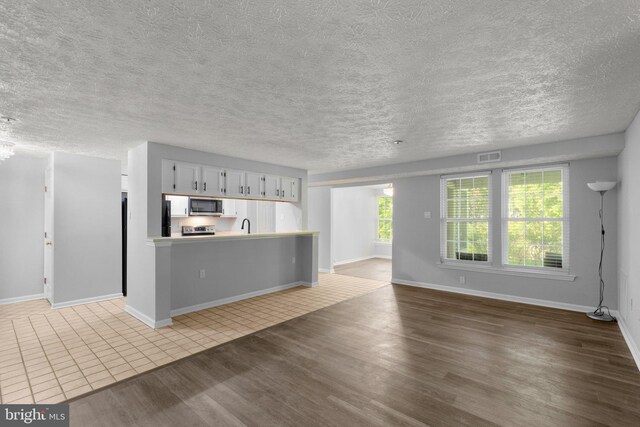 1476 Greenbriar Cir Unit 1-1476, Pikesville, MD 21208 - kitchen featuring stainless steel microwave, open floor plan, light wood-style floors, baseboards, and a textured ceiling