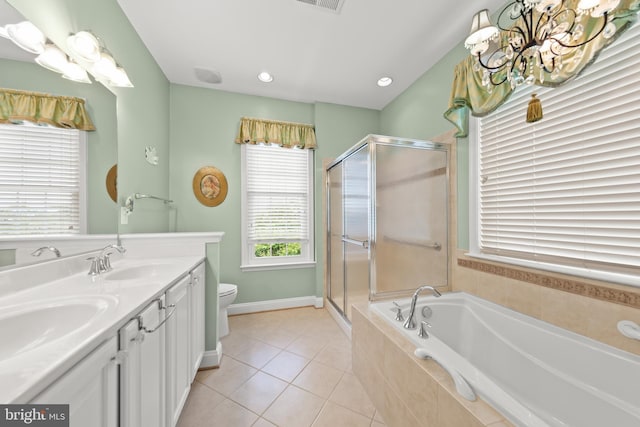 full bathroom with healthy amount of natural light, a chandelier, tile patterned floors, a stall shower, and recessed lighting