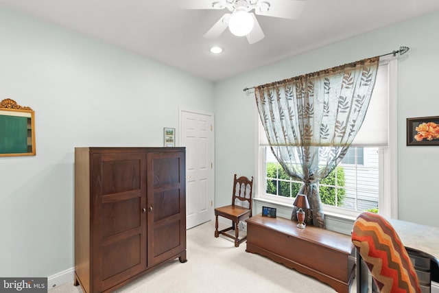 office area with a ceiling fan, light colored carpet, recessed lighting, and baseboards