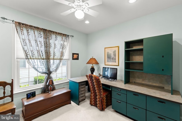 office area with a ceiling fan, light carpet, and recessed lighting