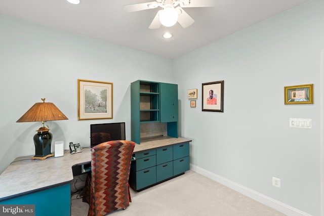home office with ceiling fan, baseboards, light carpet, and recessed lighting