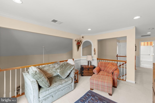 living room with recessed lighting, carpet, and ornamental molding