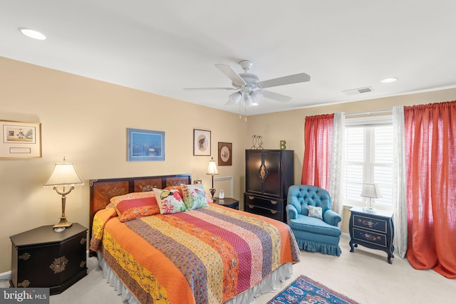 bedroom with carpet floors, ceiling fan, and recessed lighting