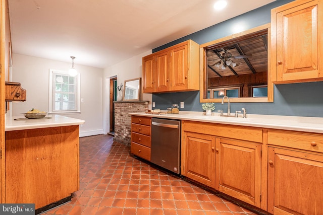 kitchen featuring stainless steel dishwasher, a sink, light countertops, a ceiling fan, and wooden ceiling