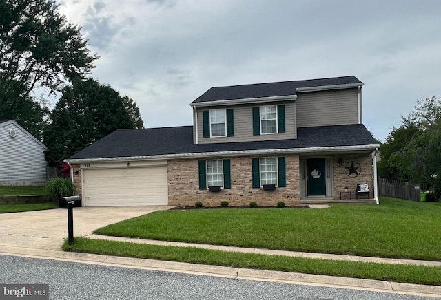 traditional-style home featuring concrete driveway, an attached garage, and brick siding