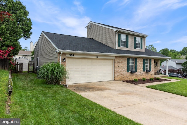 traditional-style house featuring brick siding, a garage, driveway, and roof with shingles