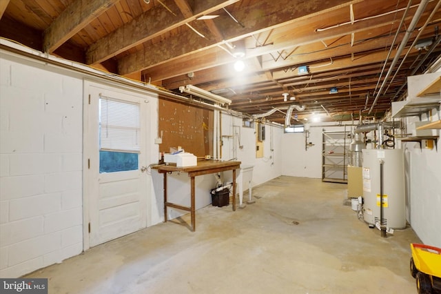 basement featuring gas water heater and concrete block wall