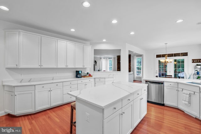 13626 Sylvan Bluff Dr, Leesburg, VA 20176 - kitchen featuring stainless steel dishwasher, a chandelier, white cabinetry, a center island, and recessed lighting