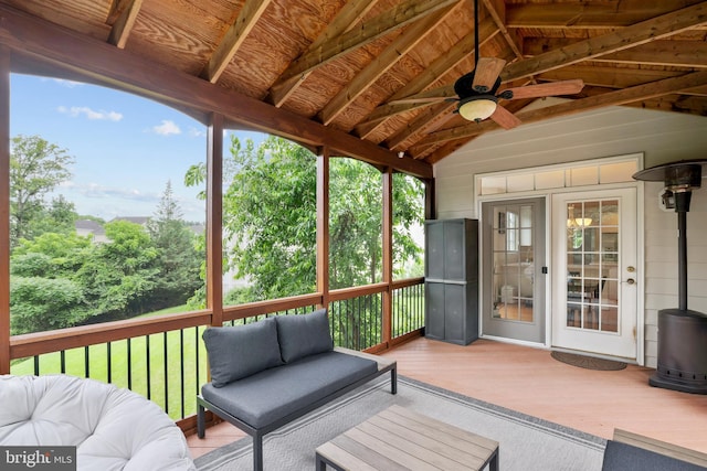 13626 Sylvan Bluff Dr, Leesburg, VA 20176 - sunroom featuring lofted ceiling, a ceiling fan, and an outdoor hangout area