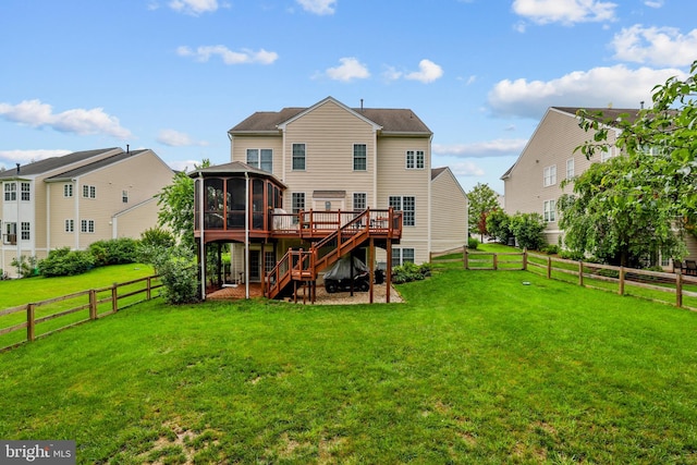13626 Sylvan Bluff Dr, Leesburg, VA 20176 - rear view of house featuring a sunroom, stairway, a deck, and a fenced backyard
