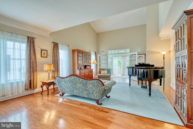 44458 Maltese Falcon Sq, Ashburn, VA 20147 - living room with healthy amount of natural light, wood finished floors, high vaulted ceiling, and baseboards