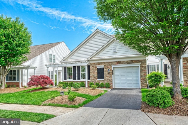 44458 Maltese Falcon Sq, Ashburn, VA 20147 - view of front of home featuring a pergola, an attached garage, asphalt driveway, stone siding, and a front lawn