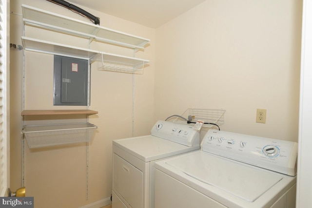 laundry room featuring electric panel and washer and dryer