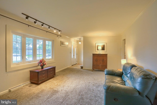 621 E Walnut St, Palmyra, PA 17078 - living area featuring baseboard heating, carpet flooring, and crown molding