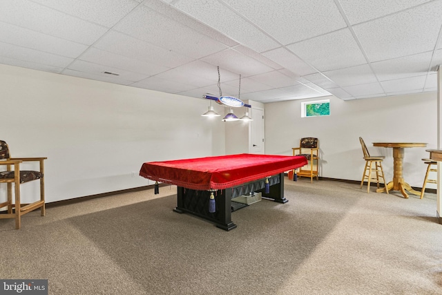 3547 Green Spring Rd, Havre De Grace, MD 21078 - playroom featuring billiards table, a paneled ceiling, carpet floors, and baseboards