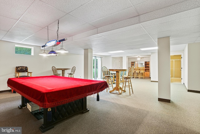 3547 Green Spring Rd, Havre De Grace, MD 21078 - playroom featuring billiards table, carpet floors, a paneled ceiling, a bar, and baseboards