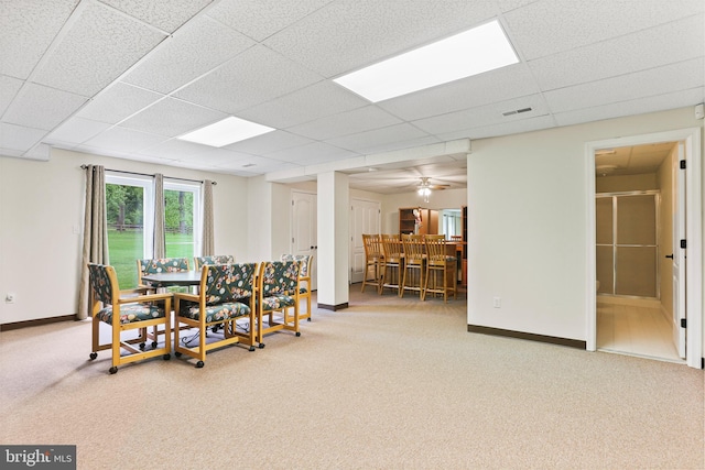 3547 Green Spring Rd, Havre De Grace, MD 21078 - dining room with carpet flooring, baseboards, a drop ceiling, and a ceiling fan