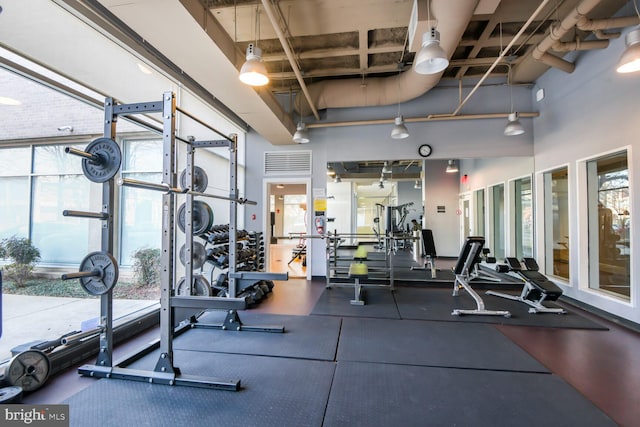 workout area with plenty of natural light and a towering ceiling