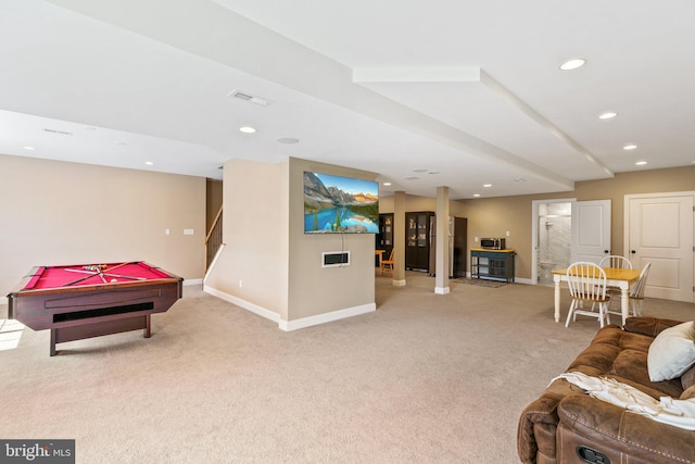 playroom featuring baseboards, light carpet, billiards, and recessed lighting