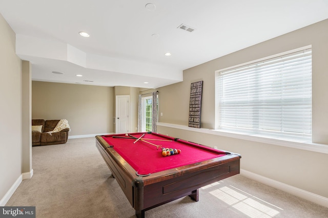 game room with carpet, baseboards, recessed lighting, and pool table