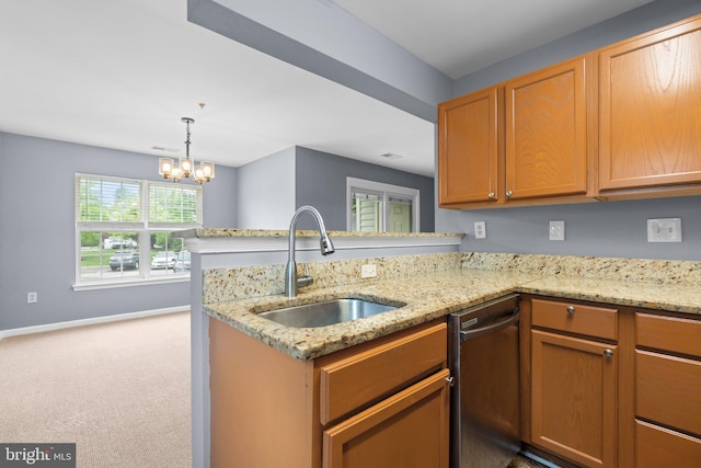 9150 Gracious End Ct Unit 104, Columbia, MD 21046 - kitchen with dishwasher, a sink, a peninsula, a chandelier, and carpet floors