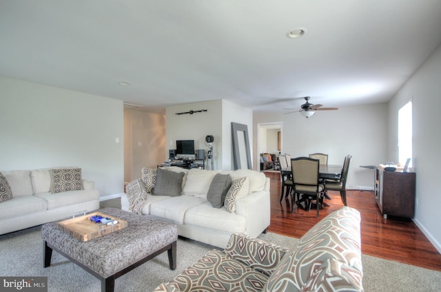 24 Edgewater Ln, Willingboro, NJ 08046 - living room featuring a ceiling fan, wood finished floors, baseboards, and recessed lighting