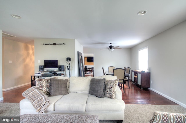 24 Edgewater Ln, Willingboro, NJ 08046 - living room featuring ceiling fan, baseboards, recessed lighting, and wood finished floors