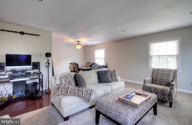 24 Edgewater Ln, Willingboro, NJ 08046 - carpeted living room featuring baseboards and ceiling fan