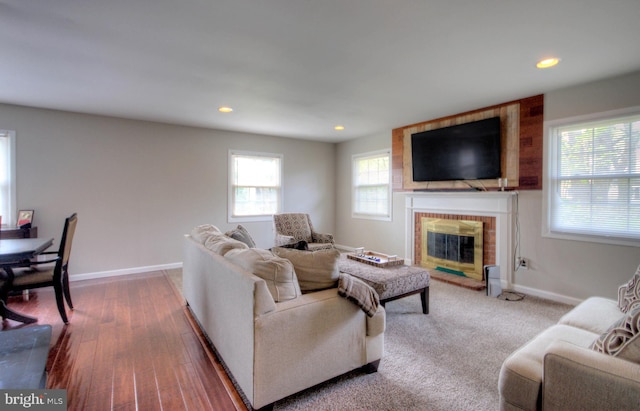 24 Edgewater Ln, Willingboro, NJ 08046 - living area with recessed lighting, a fireplace, baseboards, and wood finished floors