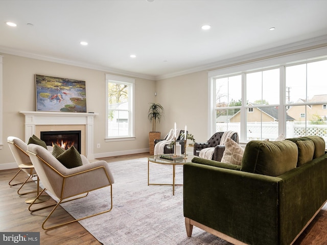 827 Janice Dr, Annapolis, MD 21403 - living area featuring ornamental molding, a glass covered fireplace, wood finished floors, baseboards, and recessed lighting