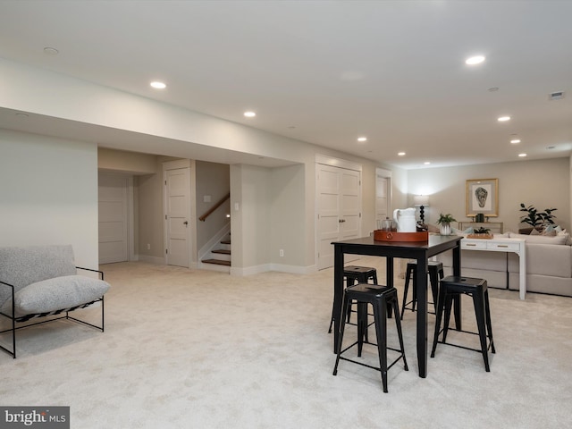 827 Janice Dr, Annapolis, MD 21403 - dining area featuring light colored carpet, stairway, recessed lighting, and baseboards