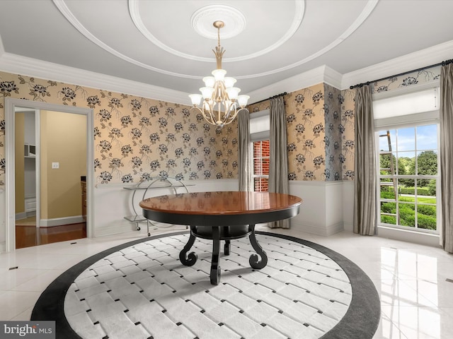 12810 Macbeth Farm Ln, Clarksville, MD 21029 - dining area with inlaid floor details, a chandelier, a wainscoted wall, crown molding, and a tray ceiling
