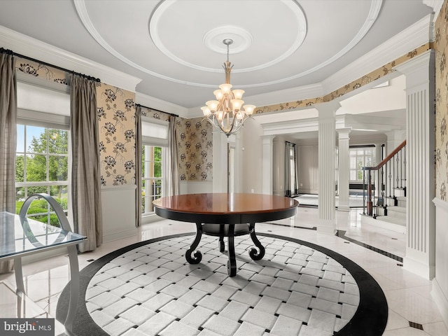 12810 Macbeth Farm Ln, Clarksville, MD 21029 - dining area with inlaid floor details, crown molding, decorative columns, a chandelier, and a raised ceiling
