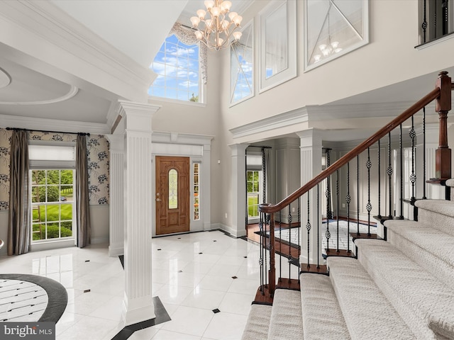 12810 Macbeth Farm Ln, Clarksville, MD 21029 - tiled foyer with baseboards, ornate columns, plenty of natural light, crown molding, and a high ceiling