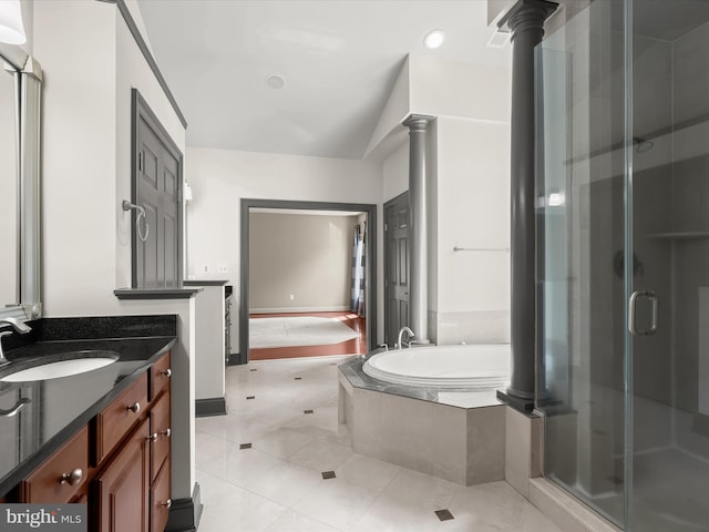 12810 Macbeth Farm Ln, Clarksville, MD 21029 - bathroom featuring a stall shower, vanity, tile patterned flooring, and a garden tub