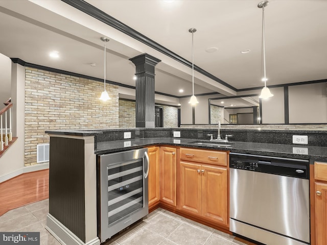 12810 Macbeth Farm Ln, Clarksville, MD 21029 - kitchen with dishwasher, a sink, wine cooler, hanging light fixtures, and decorative backsplash