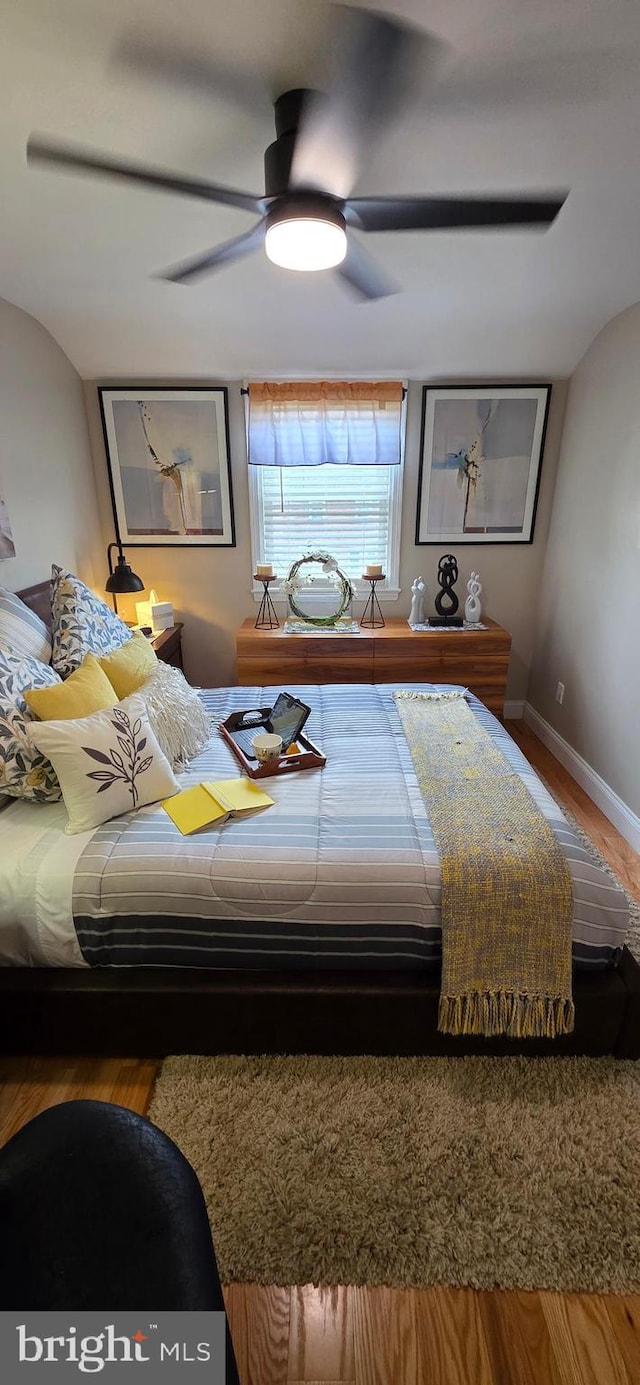 bedroom featuring wood finished floors, baseboards, and a ceiling fan