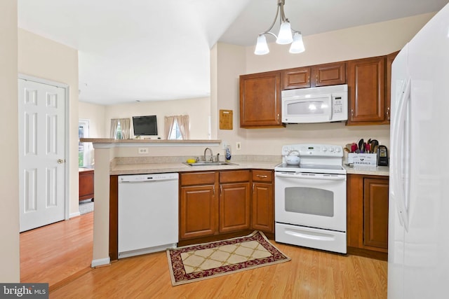 kitchen featuring white appliances, light wood finished floors, brown cabinets, and a sink