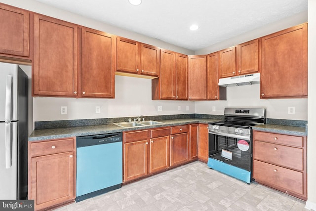 9711 Luguna Rd, Baltimore, MD 21220 - kitchen with appliances with stainless steel finishes, under cabinet range hood, a sink, dark countertops, and recessed lighting