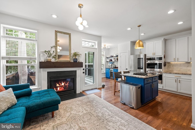 5016 Gardner Dr, Alexandria, VA 22304 - kitchen featuring stainless steel appliances, healthy amount of natural light, dark wood-style flooring, blue cabinets, and recessed lighting